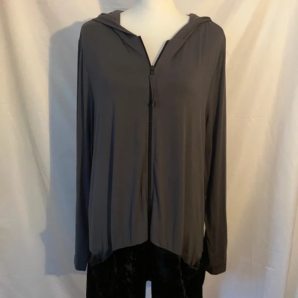LOGO Lori Goldstein Grey Zip Up Hoodie Jacket with Black Velvet Hem - Picture 1 of 5
